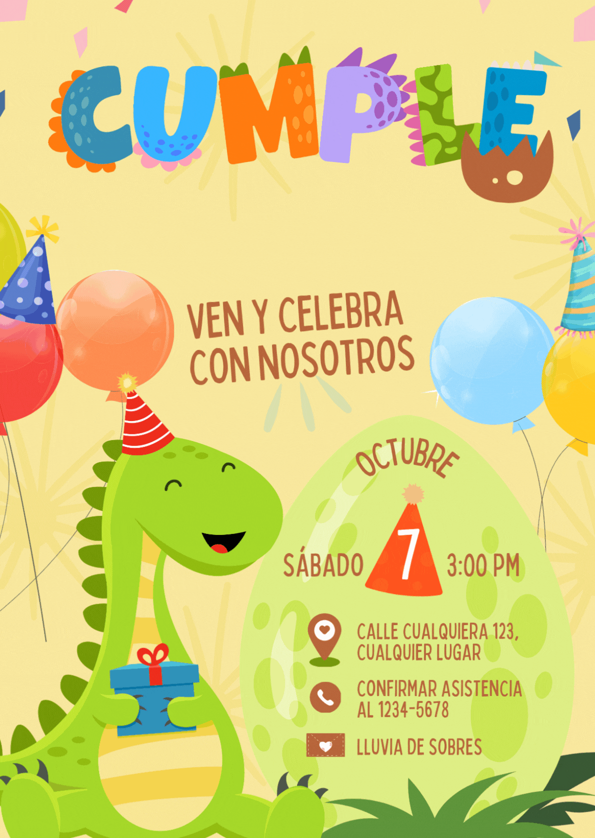 Tarjeta de Cumpleaños Digital Personalizada  - Invitación para WhatsApp Estilo Dinosaurio Divertido 🦕🎈