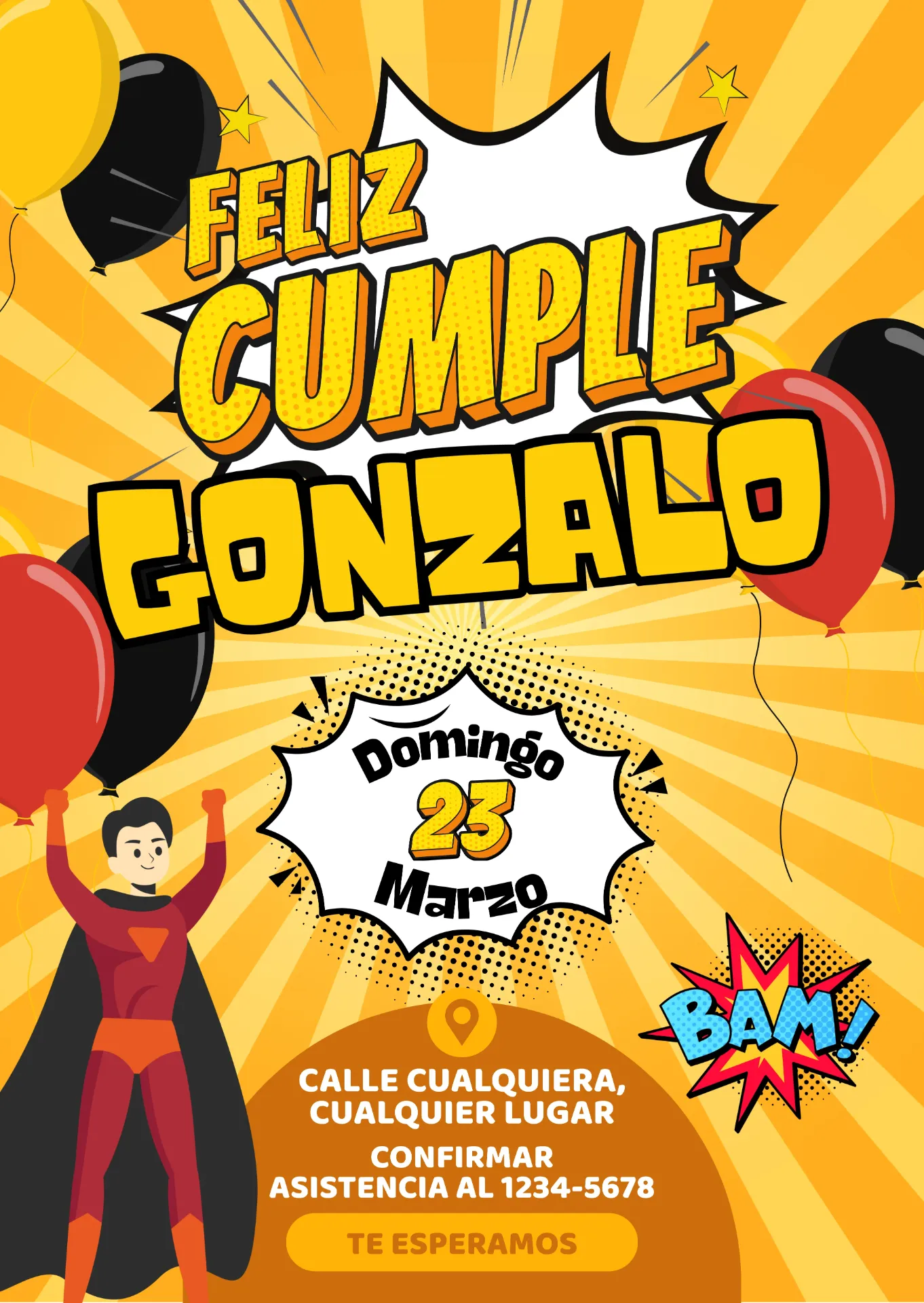 [00018] Tarjeta de Cumpleaños Digital Personalizada  - Invitación para WhatsApp Estilo Superhéroe Cómic 🦸‍♂️💥